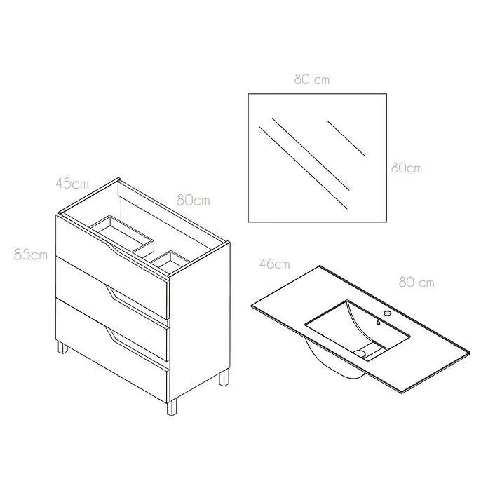 Conjunto de mueble de baño Riva con pack de wc Lura -  - Conjunto de mueble de baño con mueble de 80cm, lavabo integrado y espejo a juego.