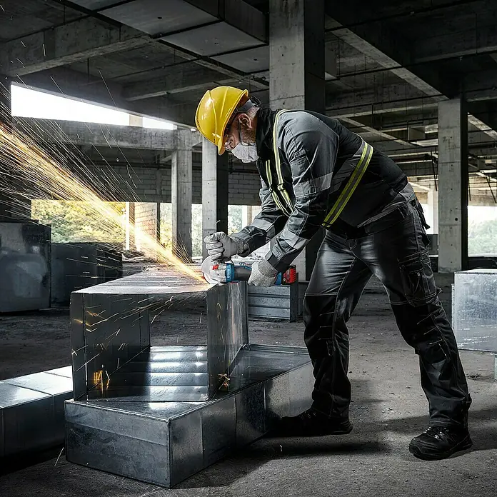 Bosch Professional AMPShare 18V Akku-Winkelschleifer GWS 18V-8 Pro Solo - 18 V, Ohne Akku, Durchmesser Scheibe: 125 mm - Arbeiter mit PSA schneidet mit blau-schwarzem Winkelschleifer verzinkte Lüftungskanäle, Funken fliegen.