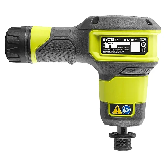 Ryobi 4V USB Akku-Rohrreinigungsgerät RDA4-0 - 4 V, Ohne Akku, Leerlaufdrehzahl: 200 U/min - Ryobi 4V Akku-Winkelschrauber in Schwarz und Limettengrün mit strukturierter Grifffläche.