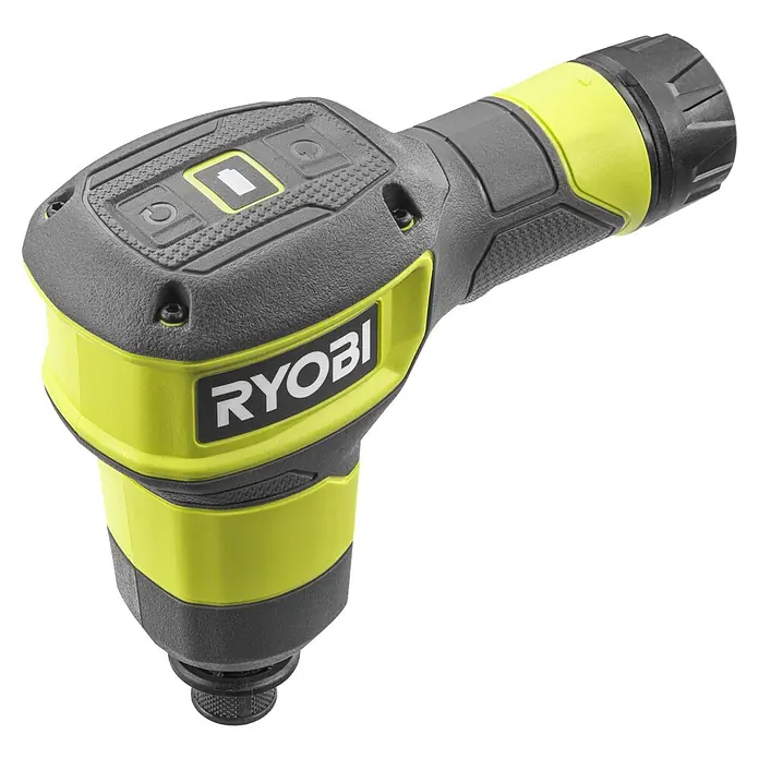 Ryobi 4V USB Akku-Rohrreinigungsgerät RDA4-0 - 4 V, Ohne Akku, Leerlaufdrehzahl: 200 U/min - Kompaktes Ryobi Elektrowerkzeug in Limettengrün und Dunkelgrau mit Steuertasten oben.