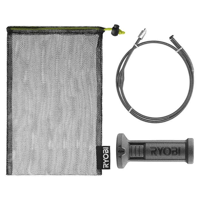 Ryobi 4V USB Akku-Rohrreinigungsgerät RDA4-0 - 4 V, Ohne Akku, Leerlaufdrehzahl: 200 U/min - Ryobi Abflussreiniger-Set: grauer Griff, Spirale aus Metall und schwarzer Netzbeutel mit gelbem Kordelzug.
