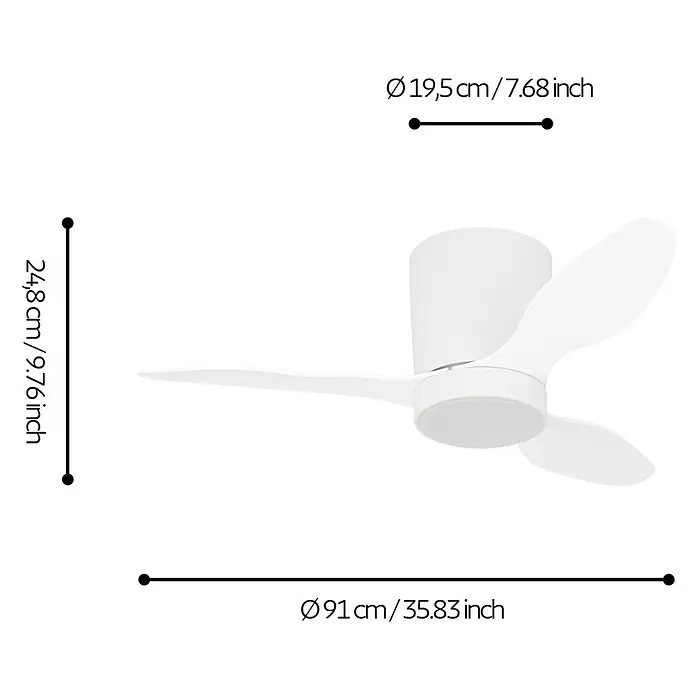 Eglo Deckenventilator Baracarès - Weiß, 91 cm - Weißer Deckenventilator mit drei stromlinienförmigen Flügeln.