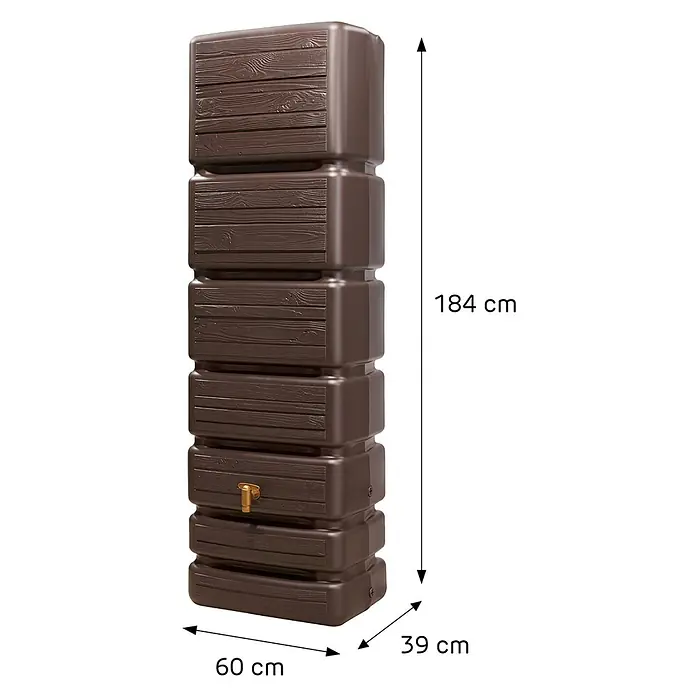 4rain Wandtank Slim - Gesamt Fassungsvermögen: 1.400 l, Braun, Kunststoff - Hoher, brauner Regenwasserspeicher in Holzoptik mit Messinghahn, 184x60x39 cm.