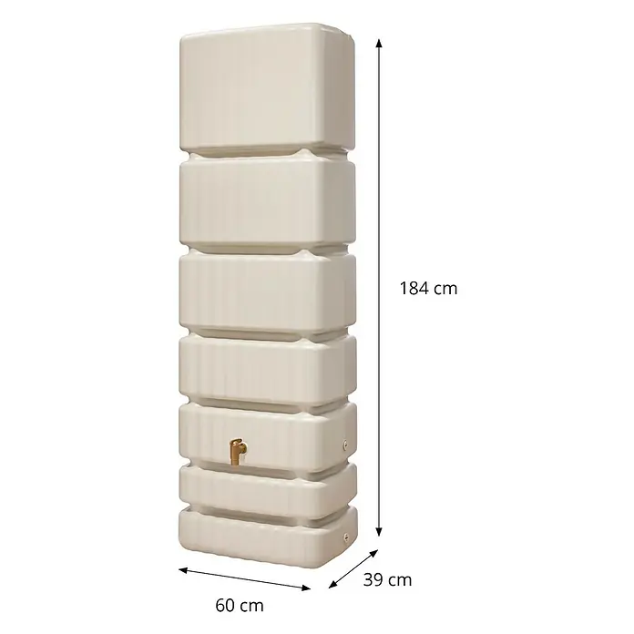 4rain Wandtank Slim - Gesamt Fassungsvermögen: 1.400 l, Sandbeige, Kunststoff - Hoher, rechteckiger, cremefarbener Regenwassertank mit geriffelten Abschnitten und Messinghahn zur Gartennutzung.