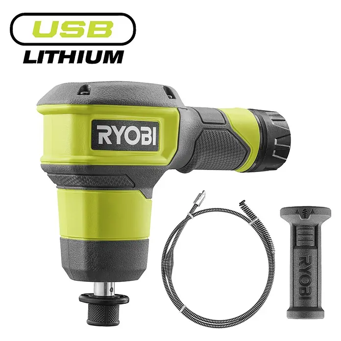 Ryobi 4V USB Akku-Rohrreinigungsgerät RDA4-0 - 4 V, Ohne Akku, Leerlaufdrehzahl: 200 U/min - Ryobi grüne und schwarze USB-Lithium Inspektionskamera mit flexiblem Schlangenaufsatz und Griff.