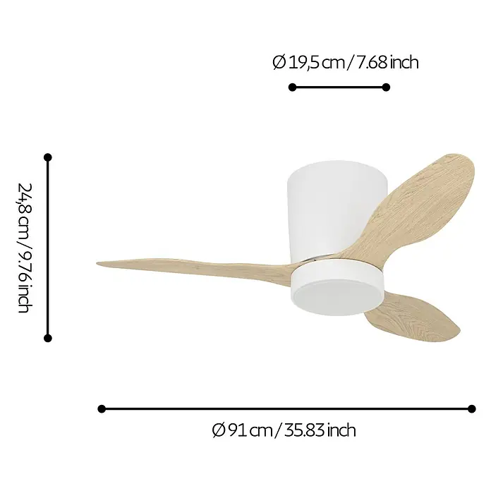 Eglo Deckenventilator Baracarès - Weiß, Eiche, 91 cm - Moderner weißer Deckenventilator mit hellen Holzflügeln.