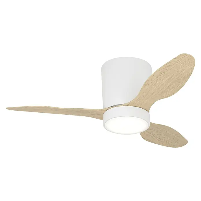 Eglo Deckenventilator Baracarès - Weiß, Eiche, 91 cm - Weißer Deckenventilator mit hellen Holzflügeln und integriertem LED-Licht.