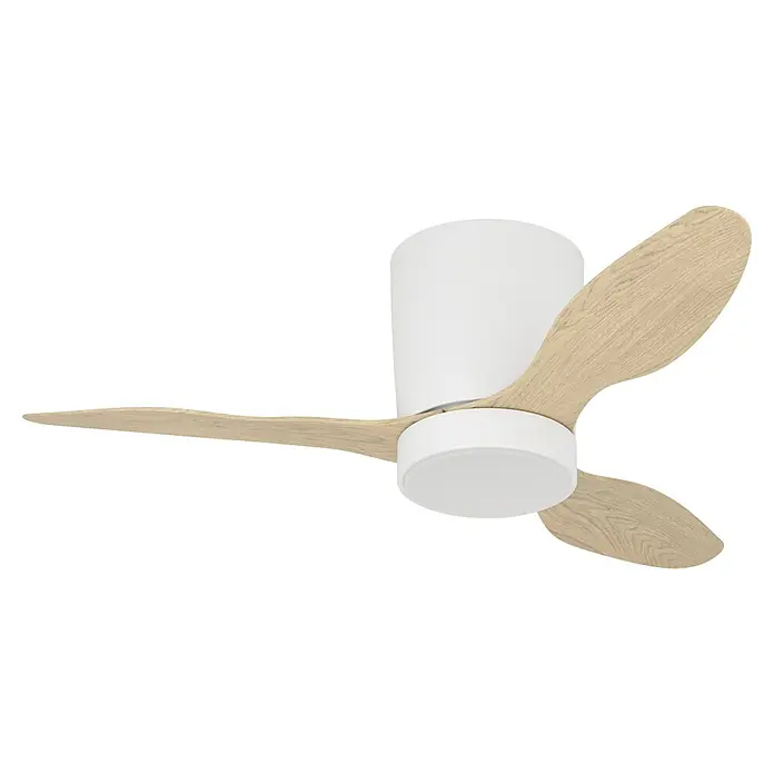 Eglo Deckenventilator Baracarès - Weiß, Eiche, 91 cm - Weißer Deckenventilator mit hellen Holzflügeln und integriertem weißem LED-Licht.