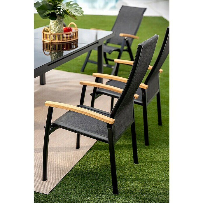 Sunfun Melina Gartensessel (B x T x H: 63 x 68 x 111 cm, Schwarz, Teak/Textilen/Aluminium, Stapelbar) | BAUHAUS