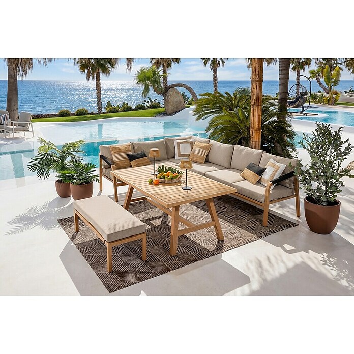 Sunfun Conjunto de muebles Monti (6 pzs., Aluminio con transferencia térmica de teca/Poliéster, Marrón/Gris) | BAUHAUS