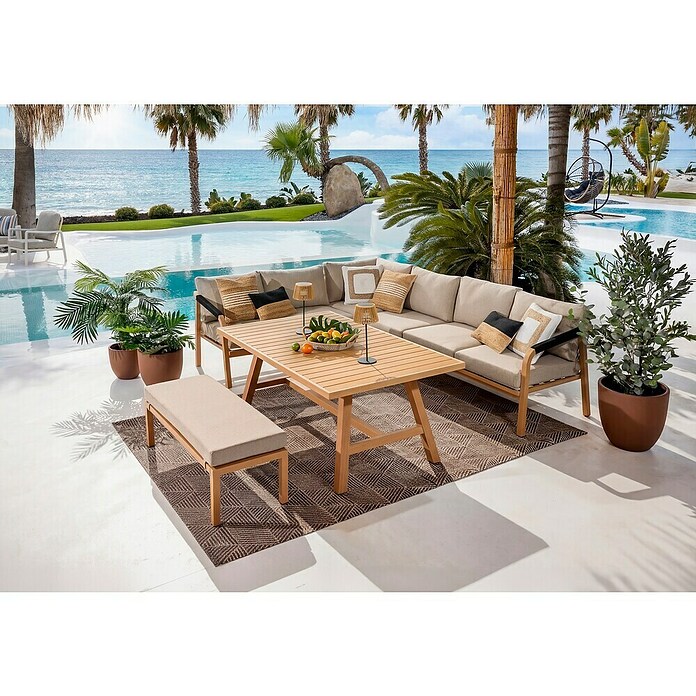 Sunfun Conjunto de muebles Monti (6 pzs., Aluminio con transferencia térmica de teca/Poliéster, Marrón/Gris) | BAUHAUS