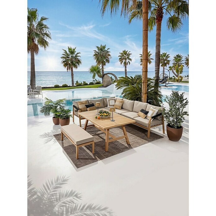 Sunfun Conjunto de muebles Monti (6 pzs., Aluminio con transferencia térmica de teca/Poliéster, Marrón/Gris) | BAUHAUS