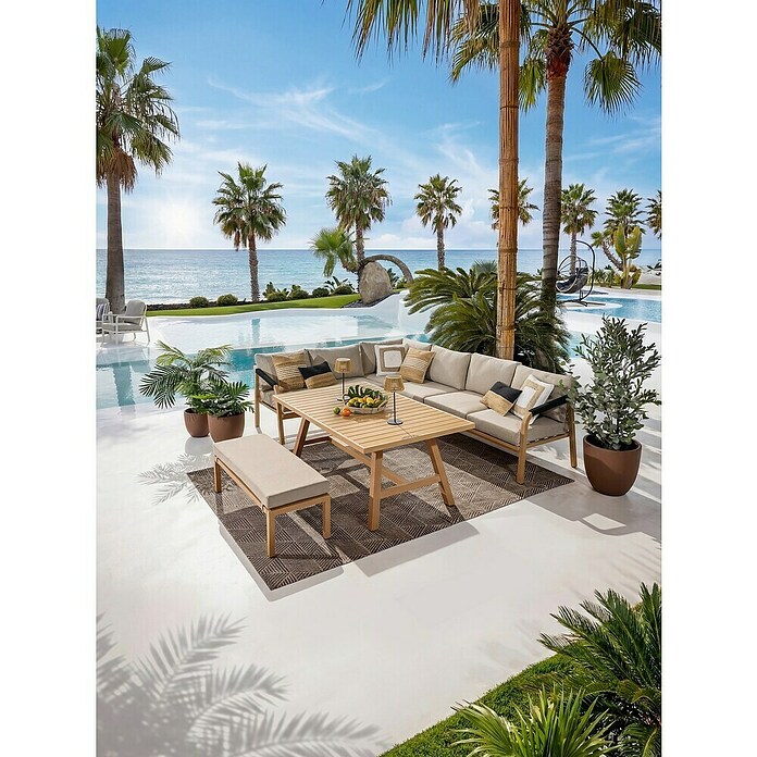 Sunfun Conjunto de muebles Monti (6 pzs., Aluminio con transferencia térmica de teca/Poliéster, Marrón/Gris) | BAUHAUS