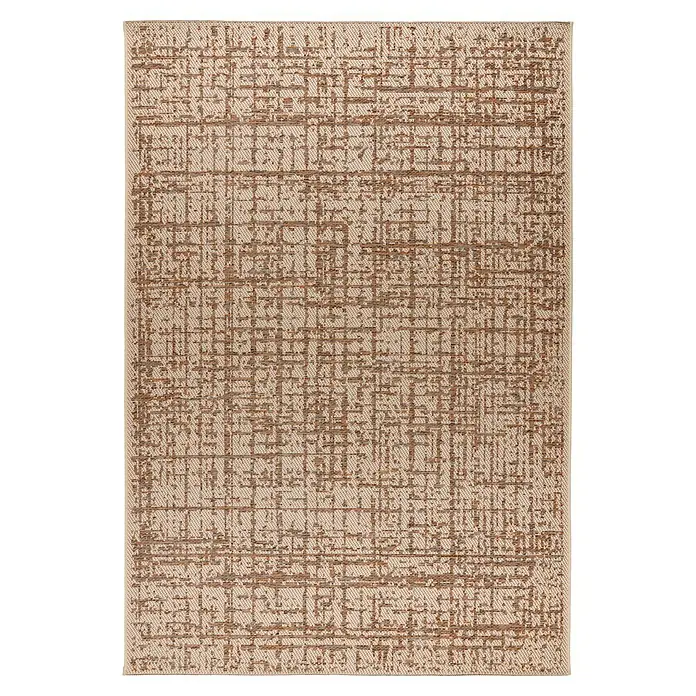 Outdoor-Teppich Fiesta - 150 x 80 cm - Rechteckiger Teppich mit abstraktem, strukturiertem Gittermuster in Beige- und Brauntönen.
