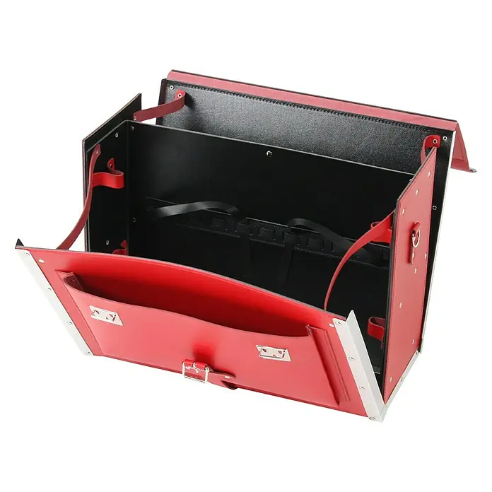 Hepco & Becker Werkzeugtasche Favorit 7123 - Innenmaß: B x T x H: 450 x 340 x 190 mm, Leder, Rot - Rote Leder-Arztkoffer mit Silberbeschlägen, innen schwarz, weit geöffnet, um die Fächer und Riemen im Inneren zu zeigen.