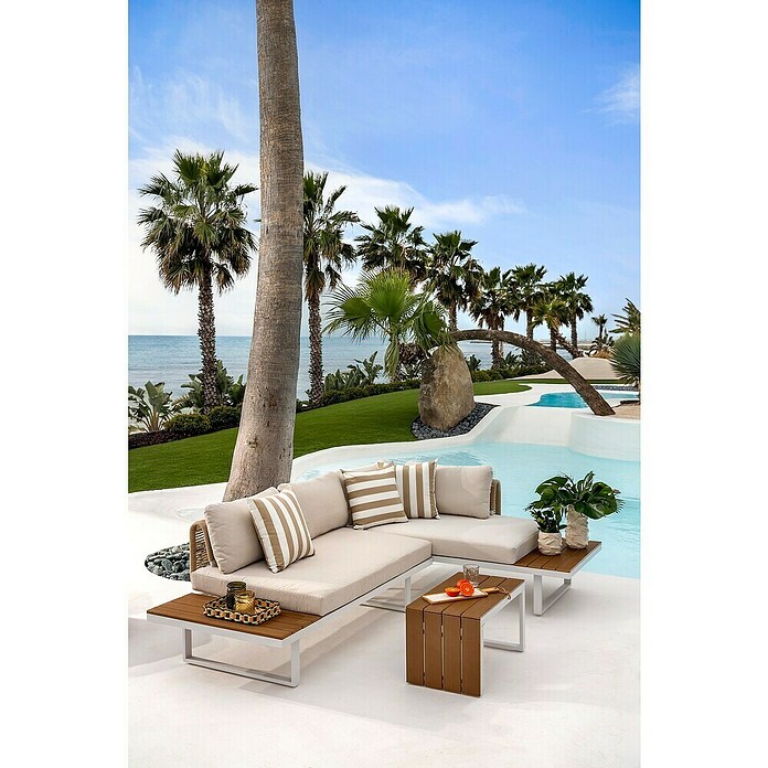 Conjunto de muebles Lynne (3 pzs., Aluminio/Polywood/Poliéster, Blanco/Beige) | BAUHAUS