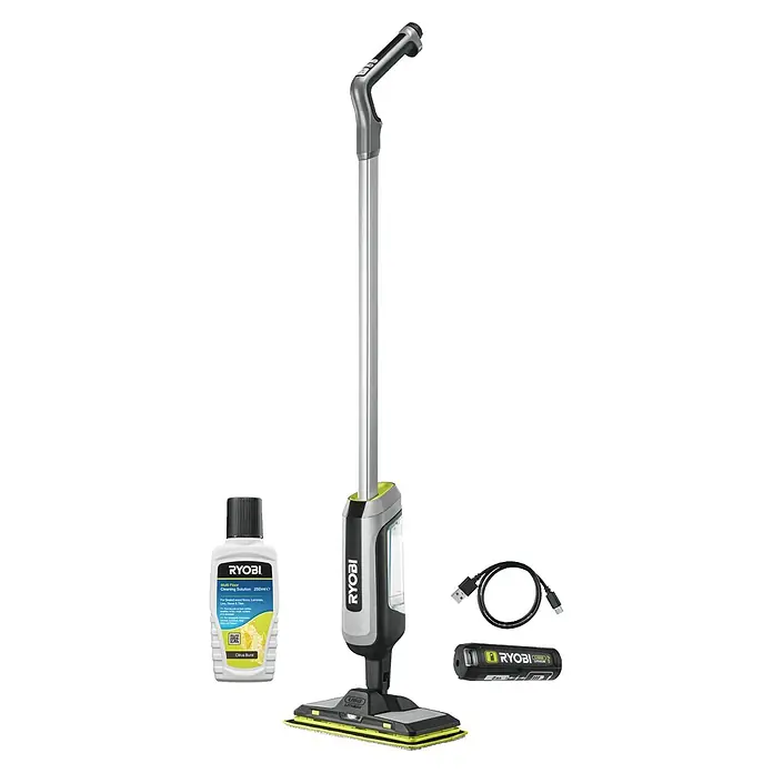 Ryobi Akku-Wischmopp mit Sprühfunktion RSM4-120G - 4 V, 1 Akku, 2 Ah - Ryobi Akku-Bodenreiniger, grau/schwarz mit grünen Akzenten, daneben Reinigungsflüssigkeit, USB-Kabel und ein Ryobi USB-Lithium-Akku.