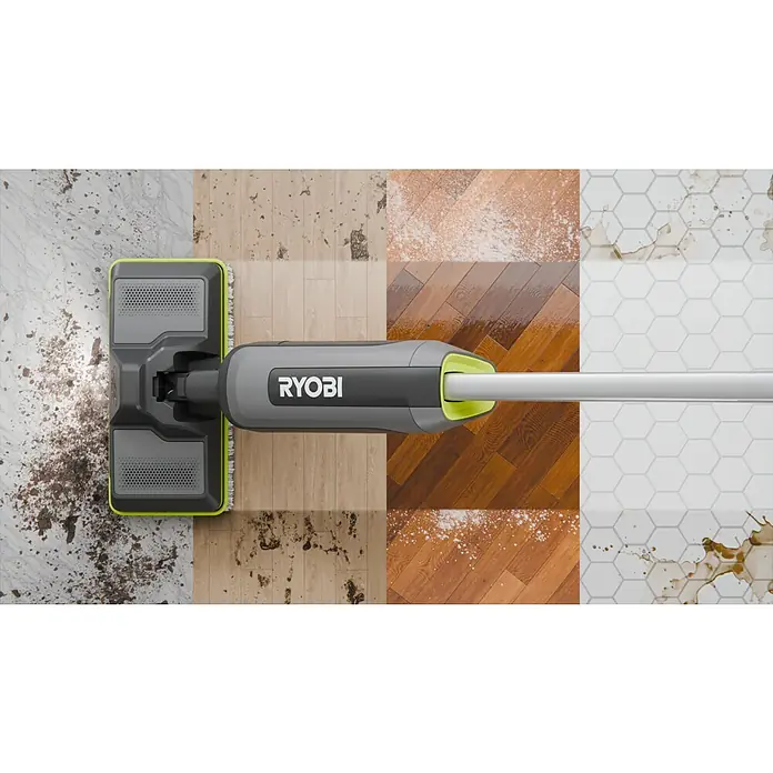 Ryobi Akku-Wischmopp mit Sprühfunktion RSM4-120G - 4 V, 1 Akku, 2 Ah - Grau-grüner Ryobi Bodenreiniger in Draufsicht, entfernt Schmutz und Flecken von Marmor, Holz und Fliesen.