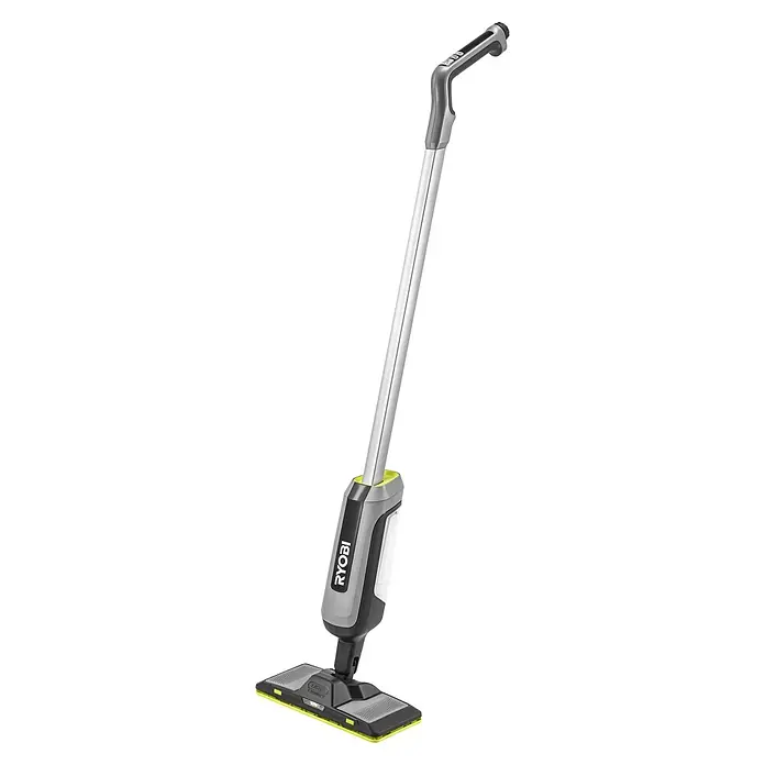 Ryobi Akku-Wischmopp mit Sprühfunktion RSM4-120G - 4 V, 1 Akku, 2 Ah - Ryobi kabelloser Stiel-Bodenreiniger in Grau, Schwarz und Silber mit leuchtend grünen Akzenten, für effiziente Bodenreinigung.