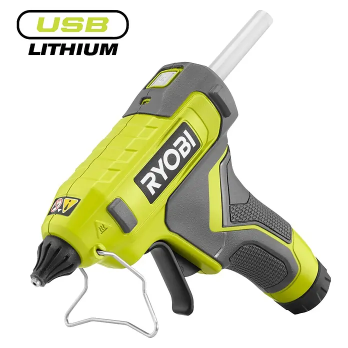 Ryobi 4V USB Akku-Heißklebepistole RGLU4-0 - 4 V, Ohne Akku, Durchmesser Klebepatrone: 11 mm - Ryobi Heißklebepistole in Limettengrün und Grau mit USB Lithium-Antrieb.