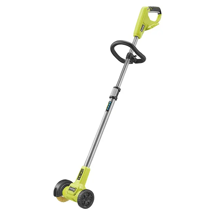 Ryobi ONE+ Akku-Fugenreiniger RY18PCC-0 - Ohne Akku - Kabellose Ryobi-Unkrautbürste mit limettengrünem Griff, silbernem Schaft und rotierendem Bürstenkopf mit Rädern zur Terrassenreinigung.