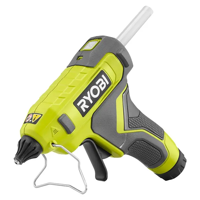 Ryobi 4V USB Akku-Heißklebepistole RGLU4-0 - 4 V, Ohne Akku, Durchmesser Klebepatrone: 11 mm - Hellgrüne und dunkelgraue Ryobi Heißklebepistole mit eingelegtem weißem Klebestift, Abzug und Metallständer.