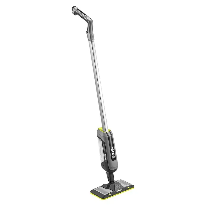 Ryobi Akku-Wischmopp mit Sprühfunktion RSM4-120G - 4 V, 1 Akku, 2 Ah - Ein grauer und lindgrüner Ryobi Akku-Bodenreiniger mit langem Stiel und rechteckigem Reinigungskopf.