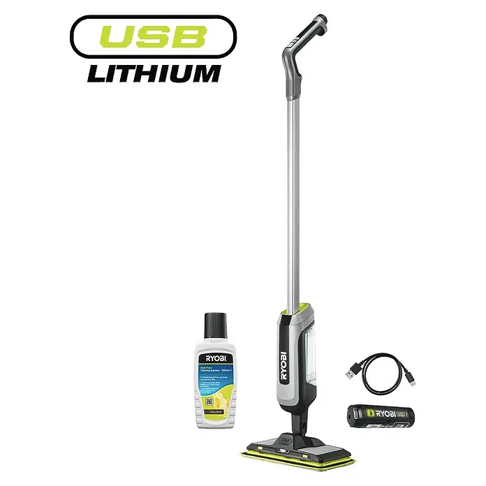 Ryobi Akku-Wischmopp mit Sprühfunktion RSM4-120G - 4 V, 1 Akku, 2 Ah - Ryobi USB Lithium Stielreiniger mit Reinigungslösung, Akku und Ladekabel. Grau, schwarz und grün.