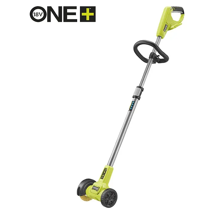 Ryobi ONE+ Akku-Fugenreiniger RY18PCC-0 - Ohne Akku - Ryobi 18V ONE+ Elektro-Terrassenreiniger in leuchtendem Grün und Grau, mit schwarzem Griff, Rädern und einer messingfarbenen Bürste.