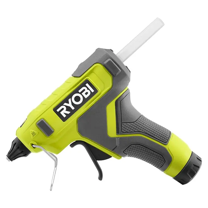 Ryobi 4V USB Akku-Heißklebepistole RGLU4-0 - 4 V, Ohne Akku, Durchmesser Klebepatrone: 11 mm - Ryobi Heißklebepistole in Limettengrün und Dunkelgrau mit weißem Klebestift und Metallständer.
