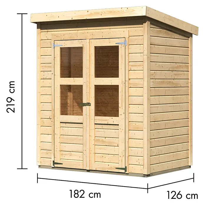Karibu Gartenhaus Timmo - Außenmaß inkl. Dachüberstand (B x T): 189 x 142 cm, Holz, Natur, Ohne Anbau - Gartenschuppen aus hellem Holz mit doppelten Glastüren. Maße: 219x182x126 cm.