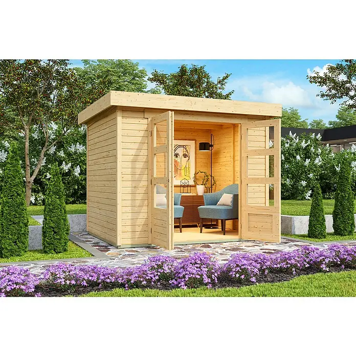 Karibu Gartenhaus Express 3 - Außenmaß inkl. Dachüberstand (B x T): 242 x 238 cm, Holz, Naturbelassen, Ohne Anbau - Helles Gartenhaus aus Holz mit offenen Türen, innen möbliert, in einem üppigen Garten.