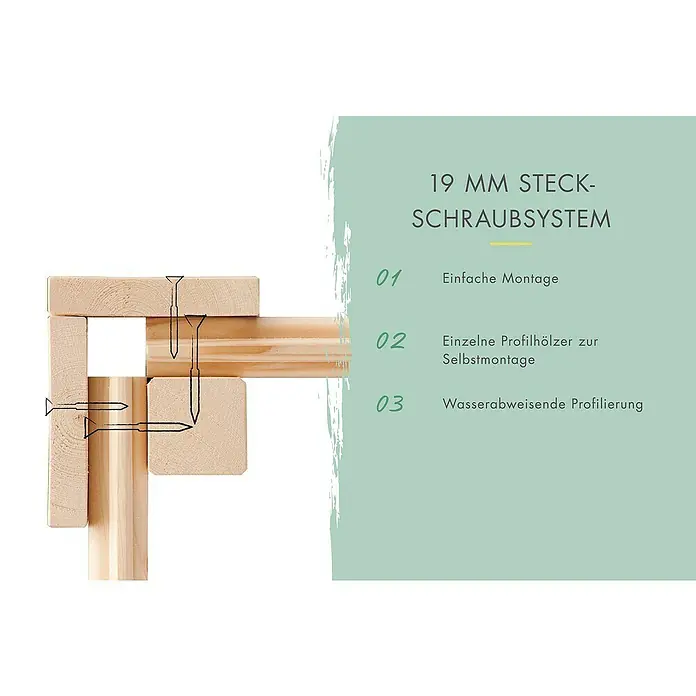 Karibu Gartenhaus Express - Außenmaß inkl. Dachüberstand (B x T): 282 x 282 cm, Holz, Terragrau - Ein 19 mm Holz-Steckschraubsystem aus hellem Holz, das profilierte Holzteile zeigt, die mit gezeichneten Schrauben montiert werden.