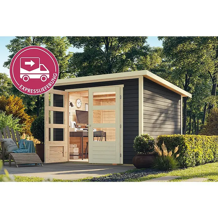 Karibu Gartenhaus Express - Außenmaß inkl. Dachüberstand (B x T): 282 x 282 cm, Holz, Terragrau - Dunkelgraues Gartenbüro mit hellen Holztüren, die einen Schreibtisch und Computer zeigen.