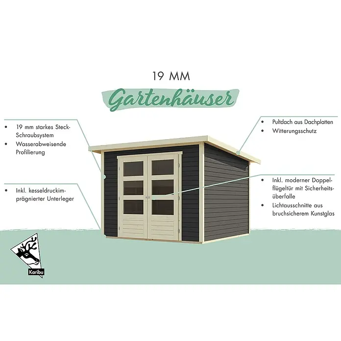 Karibu Gartenhaus Express - Außenmaß inkl. Dachüberstand (B x T): 282 x 282 cm, Holz, Naturbelassen - Dunkelgraues Gartenhaus aus Holz mit heller Verkleidung und Doppeltüren, mit Pultdach und 19mm Wänden.