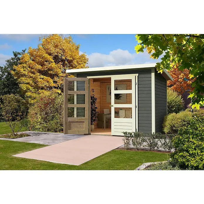 Karibu Gartenhaus Express - Außenmaß inkl. Dachüberstand (B x T): 282 x 282 cm, Holz, Terragrau - Dunkelgraues Holz-Gartenhaus mit hellem Rahmen und geöffneten Türen, das ein naturbelassenes Holzinterieur mit Möbeln zeigt, in einem Herbstgarten.