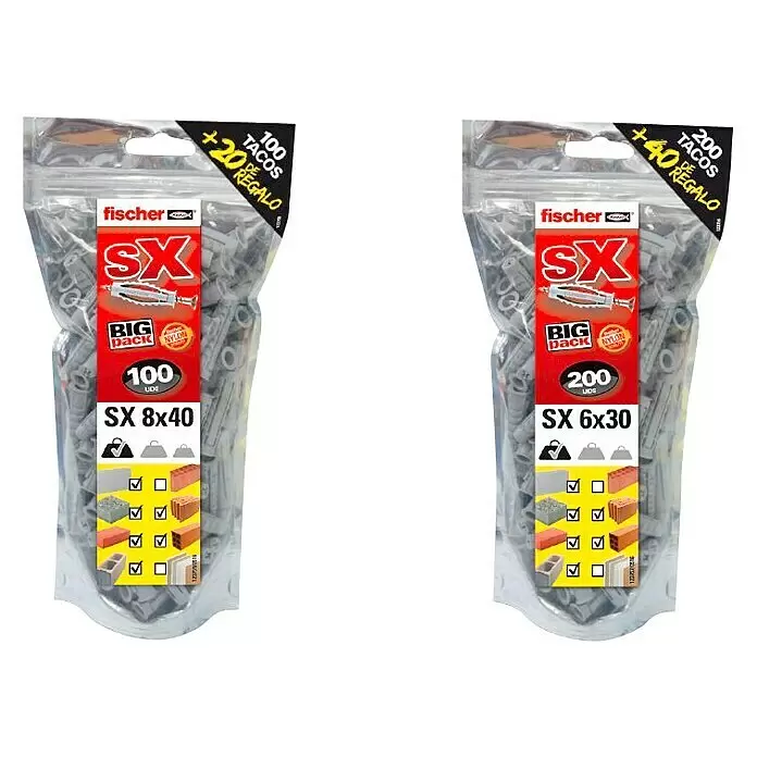 Fischer Set de tacos SX Big Pack - Ø x L: 6 x 30 mm, Nylon, 240 ud. - Dos bolsas transparentes de tacos de pared Fischer SX de nailon gris. La izquierda contiene 100+20 (8x40mm) y la derecha 200+40 (6x30mm).