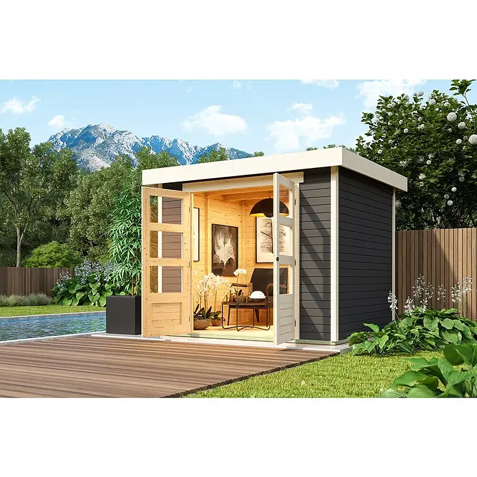 Karibu Gartenhaus Express 3 - Außenmaß inkl. Dachüberstand (B x T): 242 x 238 cm, Holz, Terragrau, Ohne Anbau - Moderner, dunkelgrauer Gartenpavillon mit hellen Holzdetails, offener Tür, am Pool im Garten mit Bergblick.