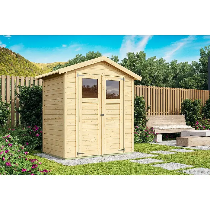 Karibu Gartenhaus Easy - Außenmaß inkl. Dachüberstand (B x T): 207 x 140 cm, Holz, Natur - Gartenhaus aus hellem Holz mit Doppeltüren und Fenstern auf einem Steinweg im grünen Garten.