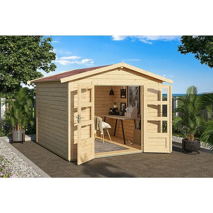 Karibu Gartenhaus Berlo 3 - Außenmaß inkl. Dachüberstand (B x T): 300 x 304 cm, Holz, Natur - Gartenbüro aus hellem Holz mit geöffneten Türen, das eine moderne Büroeinrichtung in einem Garten zeigt.