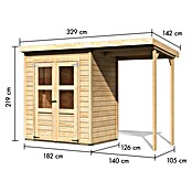 Karibu Gartenhaus Timmo (Außenmaß inkl. Dachüberstand (B x T): 329 x 142 cm, Holz, Natur, Mit Anbau) | BAUHAUS