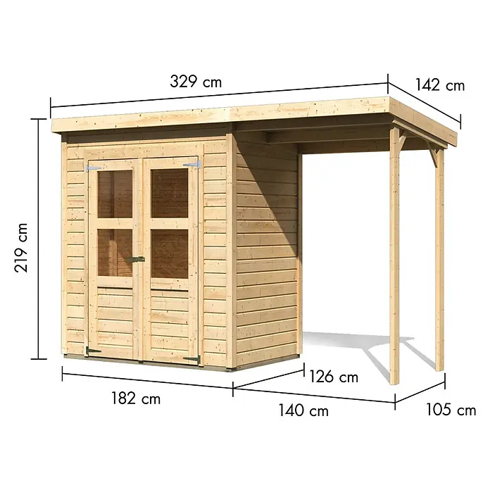 Karibu Gartenhaus Timmo - Außenmaß inkl. Dachüberstand (B x T): 329 x 142 cm, Holz, Natur, Mit Anbau - Gartenhaus aus Holz mit angebautem Unterstand, Maße angezeigt.