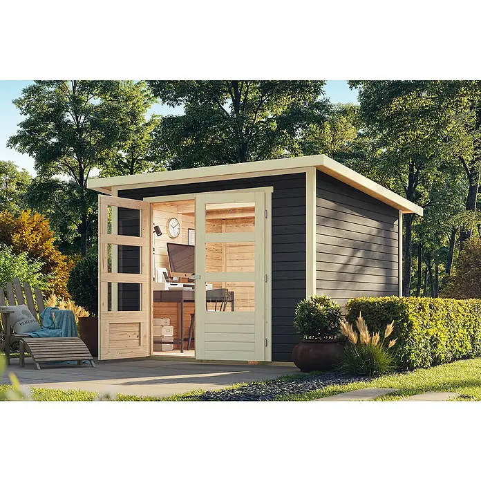 Karibu Gartenhaus Express - Außenmaß inkl. Dachüberstand (B x T): 282 x 282 cm, Holz, Terragrau - Modernes, dunkelgraues Gartenbüro mit hellem Holzrahmen und Glastüren, in einem Garten. Innen ist ein Arbeitsplatz sichtbar.