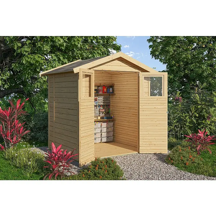 Karibu Gartenhaus Easy - Außenmaß inkl. Dachüberstand (B x T): 207 x 178 cm, Holz, Natur - Offener Gartenschuppen aus Holz mit organisierter Inneneinrichtung, Werkzeugen und Lagerbehältern.
