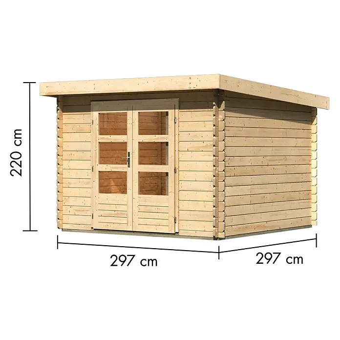 Karibu Gartenhaus Malta - Außenmaß inkl. Dachüberstand (B x T): 315 x 333 cm, Holz, Natur, Ohne Seitendach - Helles Gartenhaus aus Holz mit Doppeltüren und Flachdach.