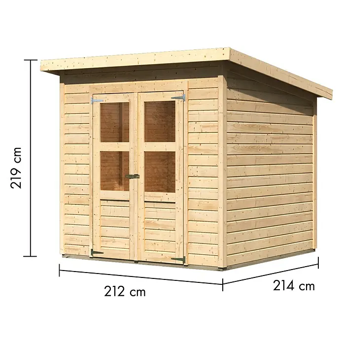 Karibu Gartenhaus Timmo - Außenmaß inkl. Dachüberstand (B x T): 240 x 236 cm, Holz, Natur, Ohne Anbau - Heller Holzschuppen mit Pultdach, Doppeltüren mit Fenstern und Maßen: 219x212x214 cm.