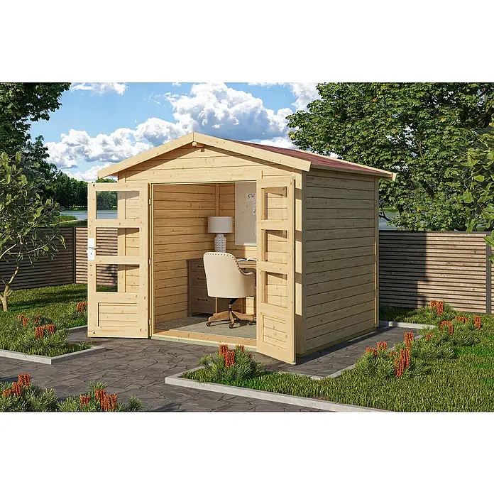 Karibu Gartenhaus Berlo 1 - Außenmaß inkl. Dachüberstand (B x T): 270 x 234 cm, Holz, Natur - Ein heller Holz-Garten-Büroschuppen mit offenen Türen, eingerichtet mit Schreibtisch und Stuhl, in einem grünen Garten am See.