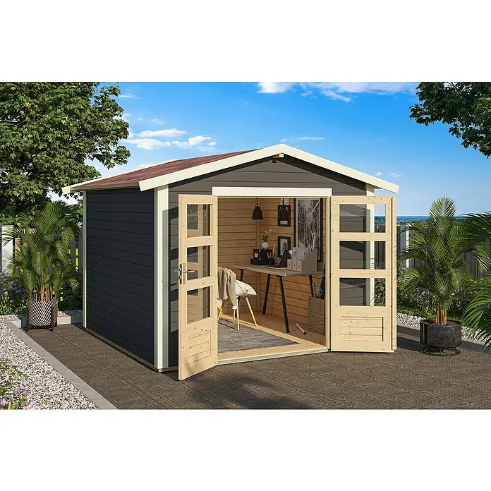 Karibu Gartenhaus Berlo 3 - Außenmaß inkl. Dachüberstand (B x T): 300 x 304 cm, Holz, Terragrau - Dunkelgraues Gartenhaus mit offenen hellen Holztüren, das ein gemütliches Naturholz-Interieur als Outdoor-Büro im Garten zeigt.
