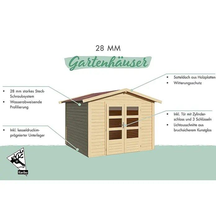 Karibu Gartenhaus Berlo 4 - Außenmaß inkl. Dachüberstand (B x T): 330 x 330 cm, Holz, Terragrau - Helles Holz-Gartenhaus mit Satteldach, Doppeltüren und bruchsicheren Fenstern. Mit 28mm starkem Steck-Schraubsystem und Zylinderschloss.