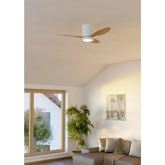 Eglo Deckenventilator Baracarès - Weiß, Eiche, 106 cm - Ein moderner weißer Deckenventilator mit Licht und Naturholzflügeln, an einer hellen Decke in einem Wohnzimmer installiert.